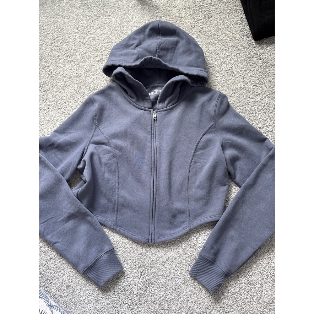 Hollister Crop Sweater Womens‎ Large Long Sleeve Zip Hooded Blue Grey Zip Logo